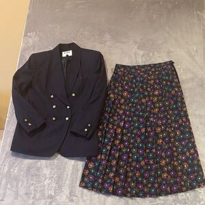 Kasper A.S.L. Wmns Navy Blazer and Floral Pleated Midi Skirt Set Sz 10 Vintage